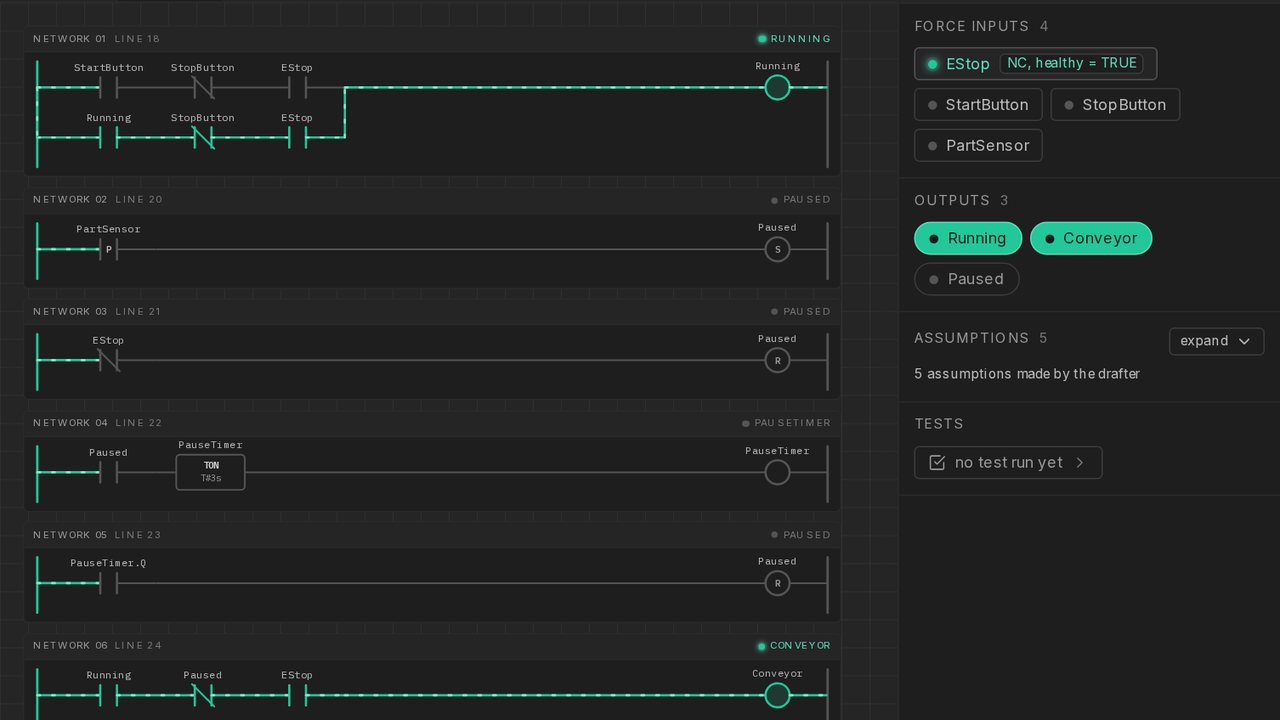 The conveyor ladder in simulation, energised contacts highlighted, next to the Signals panel.